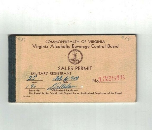 Virginia Alcoholic Beverage Control Board Sales Permit Book 1943 eBay