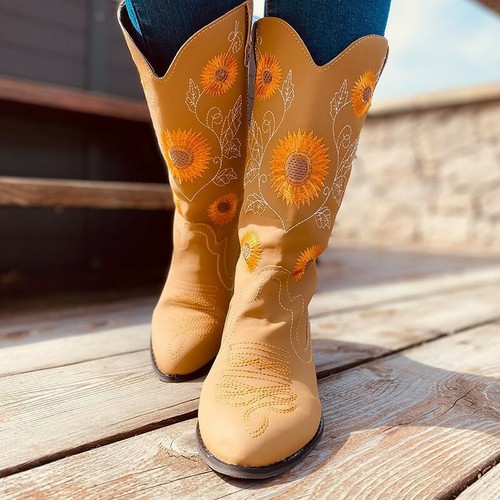 Hot Western Cowboy Boots Women Mid Calf Fashionable Sunflower Booties Shoes - Picture 11 of 18