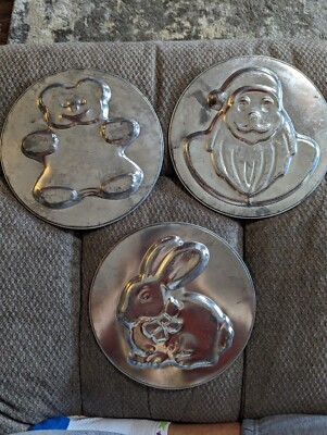 Three Piece Vintage Aluminum Cake Topper Molds Santa, Easter Bunny, Teddy Bear.