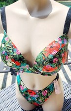 victorias secret bikini set 36DD XL Thong PADDED PUSHUP Shine Strap Rhinestone