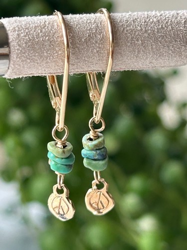 Jes Maharry Earrings Euro Wire Turquoise Peace Sign Heart Dangle 14KT Gold