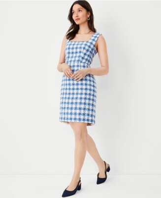 New Ann Taylor Blue White Plaid Fit Dress 6 Tank Strap Square Neck Lined  Tweed | eBay