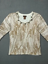 Multiples Shirt Womens  Petite Small White Geometric Beaded Top Blouse Ladies