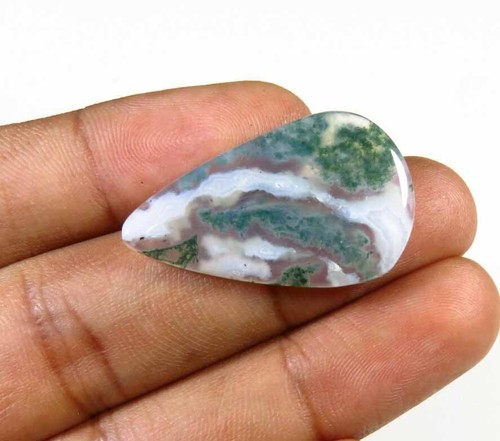 Natural Seaweed Moss Agate Gemstone 30x18 mm 13 Cts Plain Pear Green Cabs MS-119 - Picture 3 of 9