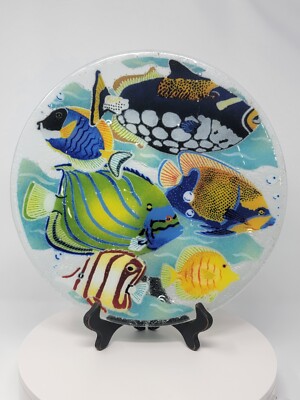 Peggy Karr Fused Glass Plate Tray Tropical Fish Ocean Coral. 13 3