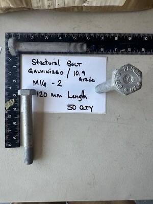 M16 - 2 - 120mm Length, Galvanized Structural Bolts (50 Qty)