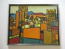  OIL PAINTING ORIGINAL VINTAGE URBAN ROOF TOPS VIEW CITY CUBISM MODERNISM SIGNED
