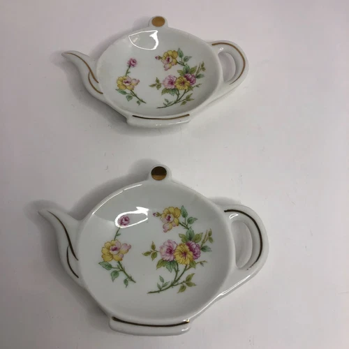 Vtg 1984 Lefton Japan Teapot Tea Bag Holder Spoon Rest Floral Hand Painted