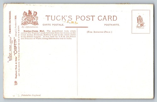 Postcard Bombay-Poona Mail Great Indian Peninsula Railway Tucks Oilette UNP - Picture 2 of 2