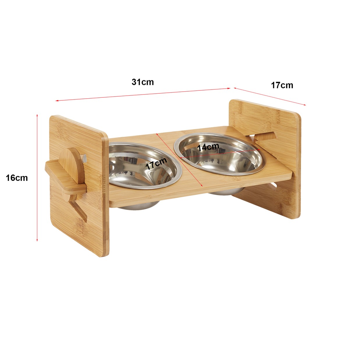 Adjustable Elevated Dog Bowls Stand - Bamboo Base, 4 Height & Angle Settings, 2 Stainless Steel Bowls (48oz Each)