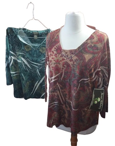 Jane Ashley Shirt 2 Womens XL Floral Paisley Jeweled 3/4 Sleeve Red Green Set
