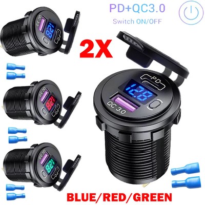 2x 12V QC3.0 Dual USB Car Fast Charger Socket Adapter LED Voltmeter Waterproof