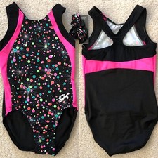 NWT GK Elite Black Pink Dot Racer Back Gymnastics Leotard Child Sizes CXS 2-4T