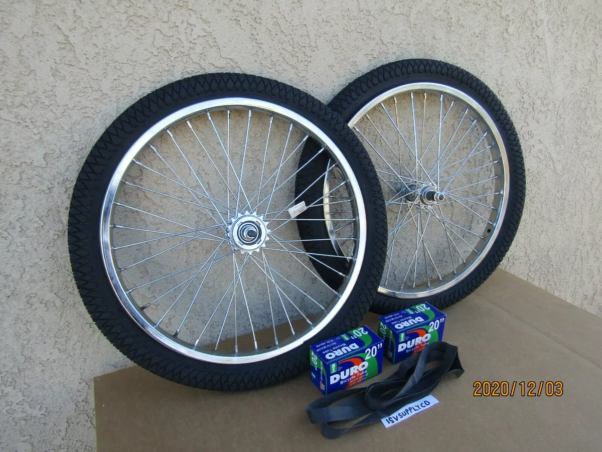 NEW 20'' HEAVY DUTY SPOKES CHROME BICYCLE RIM SET W/ TIRES, TUBES & LINERS.