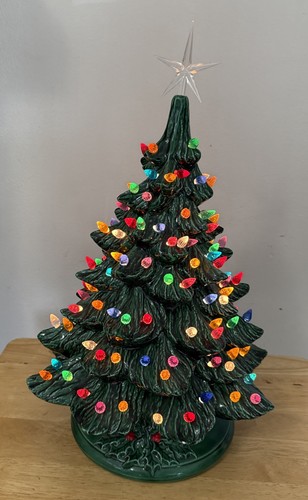 Vintage Nowell Mold Green Ceramic Light Up 16”Christmas Tree with Holly Base