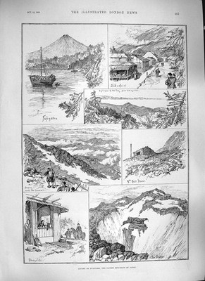 Alter antiker Druck 1889 Fujiyama heiliges Bergsteigen Japan Rasthaus 19.