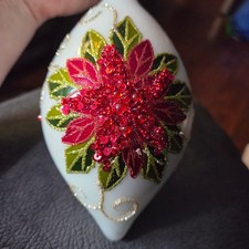 Vintage White Glass Poinsettia Christmas Ornament Sequin Bead Gold Glitter 6in