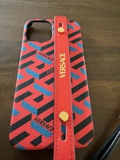 Versace iPhone 12 Auténtica Funda Cuero Versace Monograma Estampado Rojo