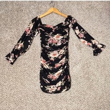 Windsor Black Floral Ruched Mesh Mini Dress Long Sleeve Sweetheart Small