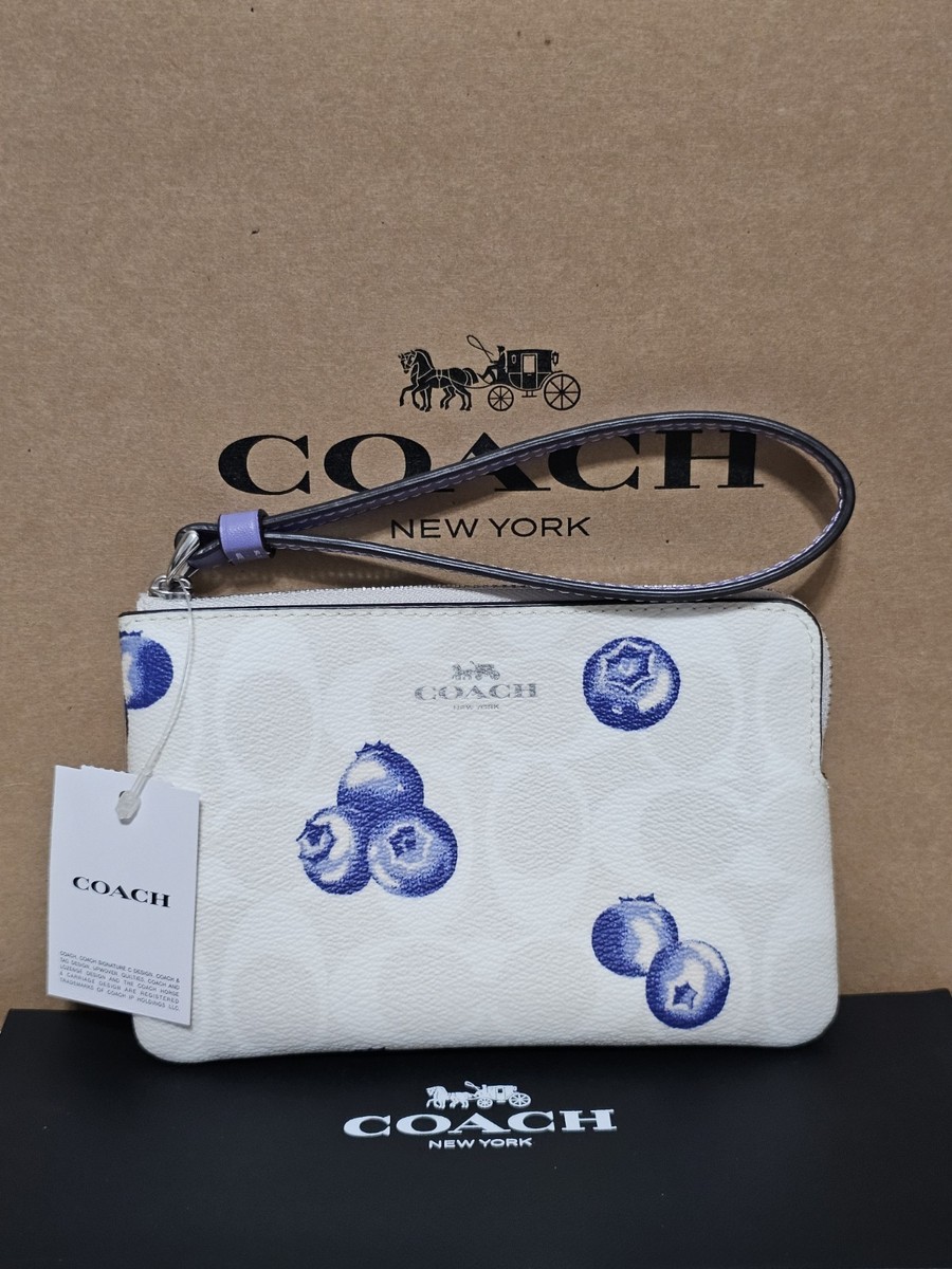 NEW Coach Blueberry Wristlet Signature Corner Zip White Chalk