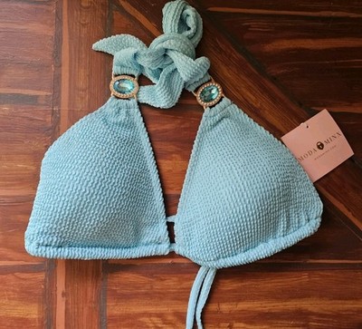 Moda Minx (ASOS) Scrunch Triangle Bikini Cyan Top W Rhinestone Accents XL Nwt