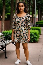 Floral Black & Pink Mini Dress With Puff Sleeves Vent Torch Small Stretchy Rayon
