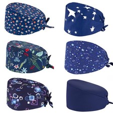 6 Pack Scrub Caps Women Surgical Buttons Sweatband Adjustable Tie Back