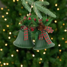 Northlight Christmas Bells with Pinecones and Plaid Bow Ornaments - 7" - Green