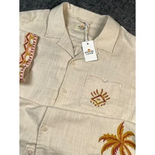 Marine Layer Embroidered Resort Shirt Button up Short Camp Natural Coral Medium