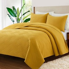 Quilt Set King Size 106"x96", Mustard Yellow - Summer Thin Soft Striped Patt...