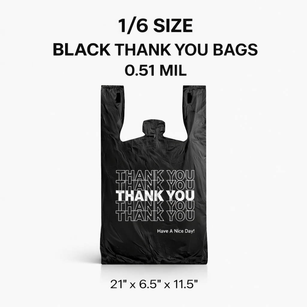 Bags 1/6 Large 21 x 6.5 x 11.5 Black THANK YOU T-Shirt Plastic Shopping 0.51 M