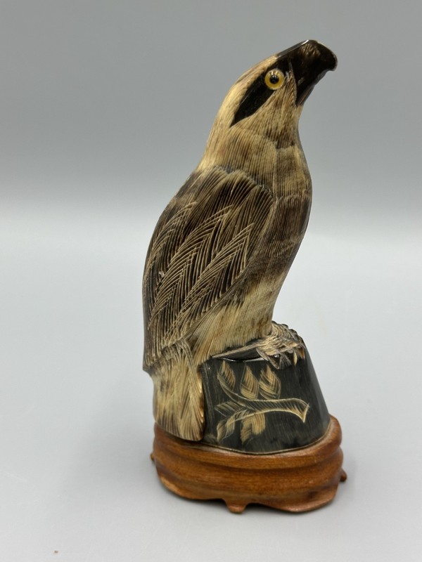 Vtg Hand Carved Buffalo Horn Eagle Hawk Falcon Bird Figurine Statue Wood Base 6"