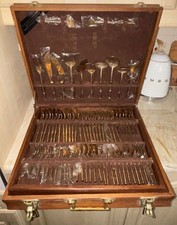 Vintage, unused 70s, Thai Bronze Nickel, Cutlery box Set. The set is complete.