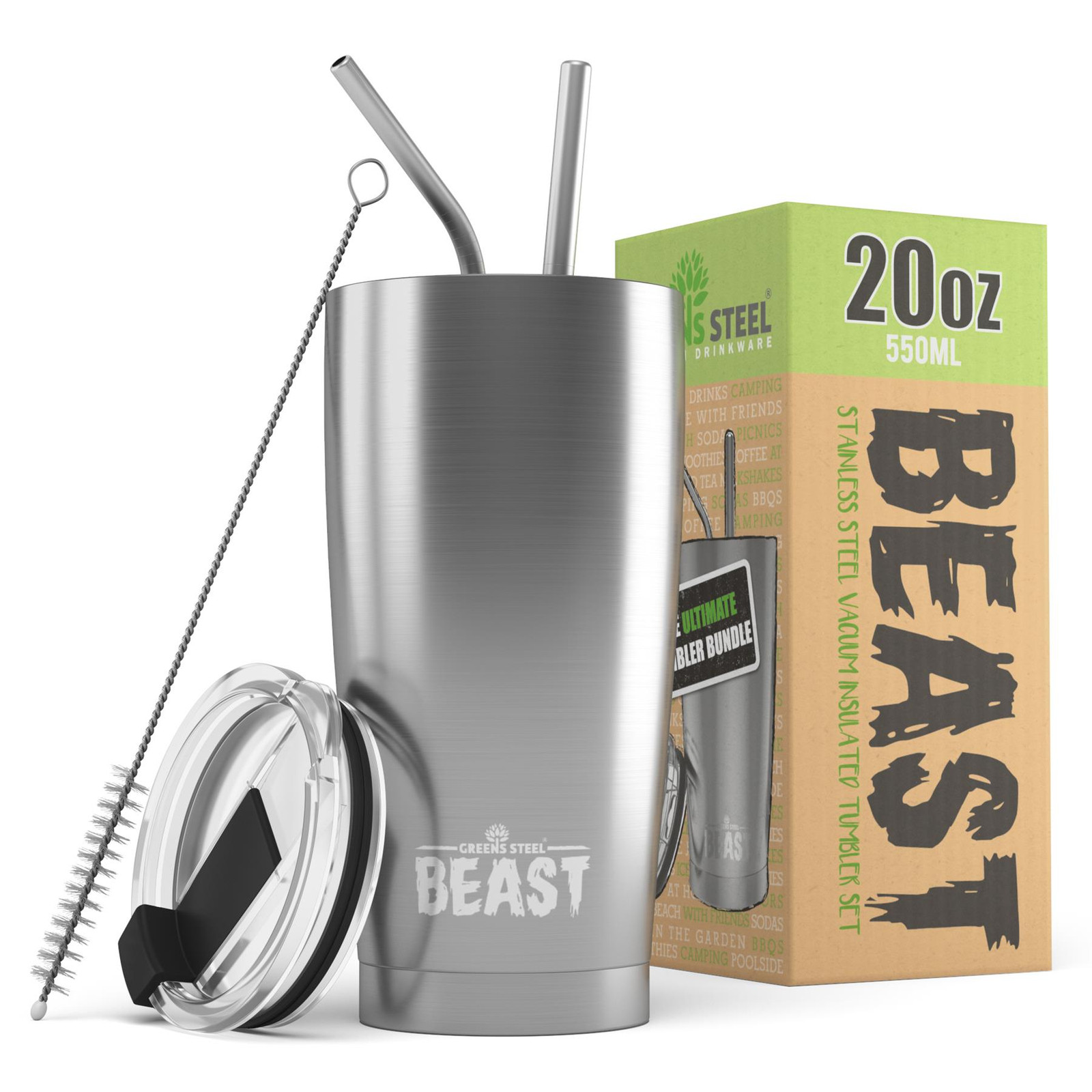 Greens Steel 20oz Silver Reusable Stainless Steel Double Insulated Travel Mug - Image 2