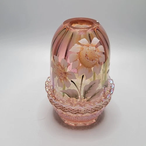 FENTON FAIRY LAMP Opalescent Hand Painted Sunflower signed K. Easton Small chip