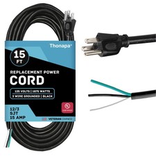 15 Foot 12 AWG Power Cord Replacement Open End 3 Prong 12/3 SJT NEMA 5-15P Black