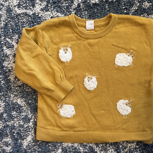 Toddler Girl Baby Gap Sweater Size 4 Mustard Yellow Sheep Lambs Fall Winter - Picture 2 of 5