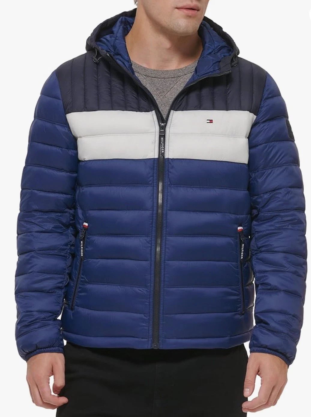 Mens Tommy Hilfiger Colourblock Lightweight Packable Hood Down Coat, Size XL