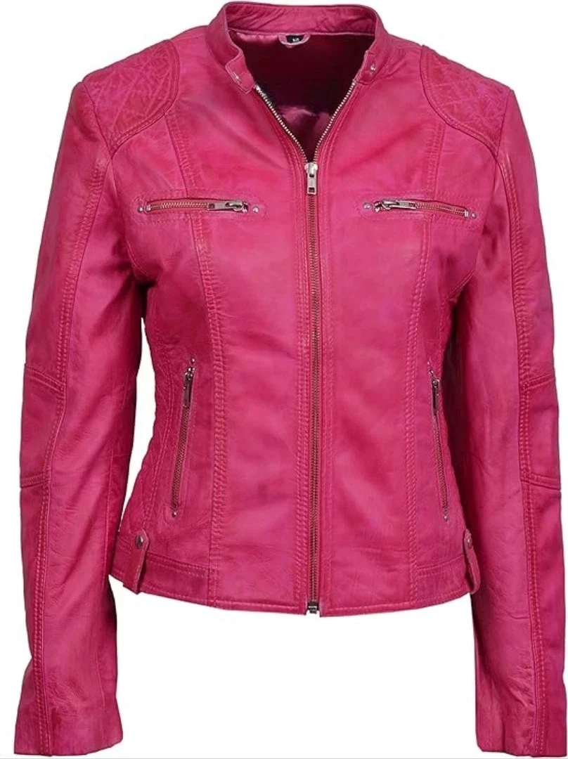 Designer Biker Women's Hot Pink Leather Jacket 100% Lambskin Motorcycle Jacket
