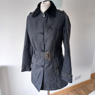 Barbour Dalmeny Wachs-Trenchjacke Damen 10 UK marineblau Gürtel Militär Tweed