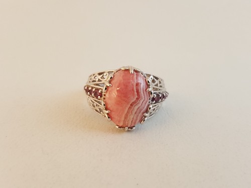 Rhodochrosit Sterlingsilber Ring verziert Fleur de Lis Gr. 11 rosa cz STS - Bild 3 von 12