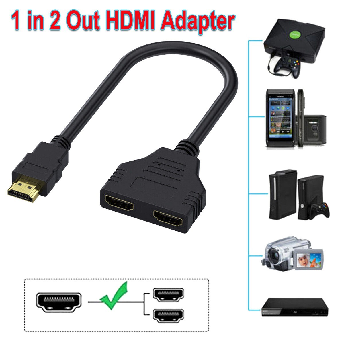 1 Male to 2 Female HDMI Splitter - 1080P Switch Hub Adapter-image