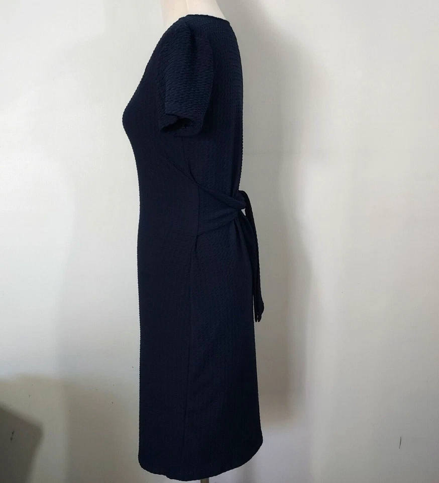 Vestido R&K Midi Funda Texturizada Elastizada Mujer Talla Pequeña Corbata Cinturón Azul Marino Foto 4 de 4