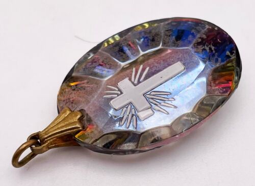 Vintage antiker Kreuz Intaglio geschliffen Kristallglas Anhänger 1930er 1,25" - Bild 3 von 5