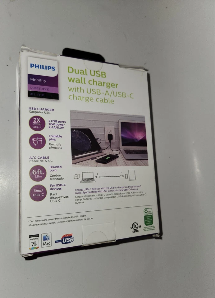 Cargador de pared USB doble Philips con cable de carga USB-A/USB-C [NUEVO]. Foto 3 de 4