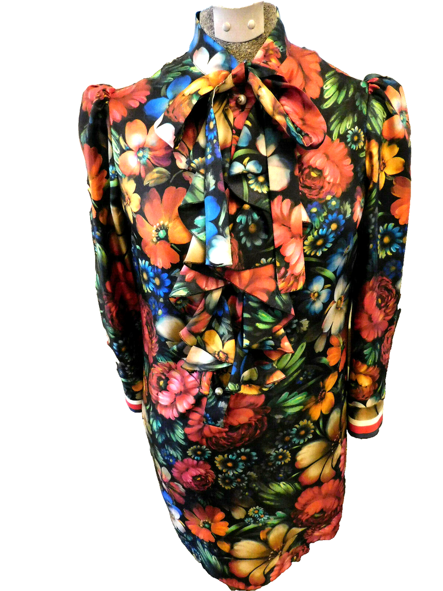 Gucci Neck Tie Ruffled Floral Dress Black blue red green Classic stripe  trim EUC