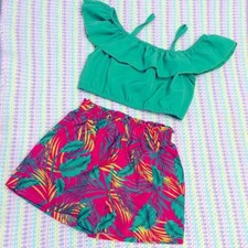 Summer Tropical Green Top  Pink Leaf Print Shorts Set For 3/4 -years Old Girl 