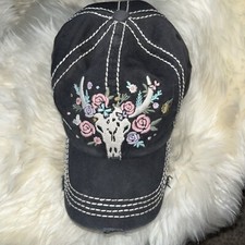 Western Bull Skull Steer Antler Distressed Black Adjustable Ball Cap Hat Kbethos