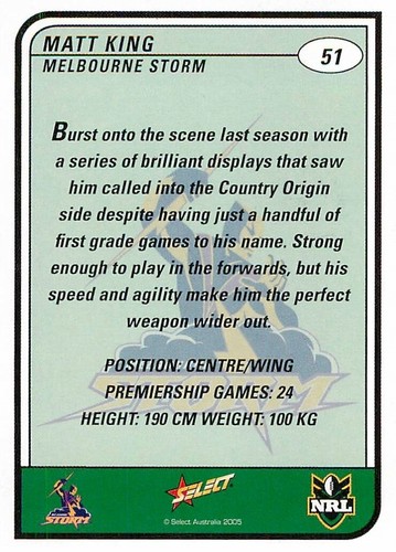 Signed 2005 MELBOURNE STORM NRL Card MATT KING - Bild 2 von 2