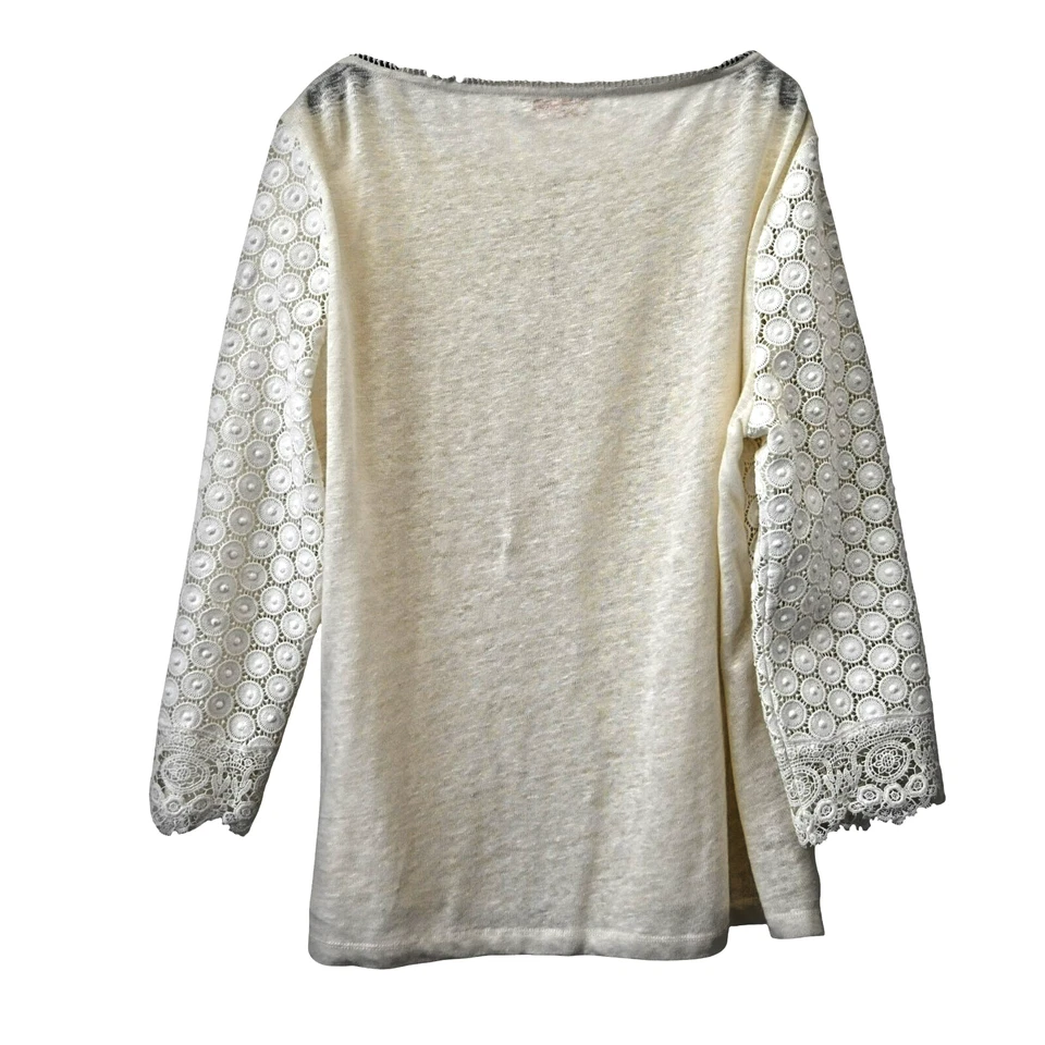 Tory Burch Elie Embroidered Eyelet Top XL Cream Crochet Cotton Linen 3/4 Sleeve - Image 2 of 4